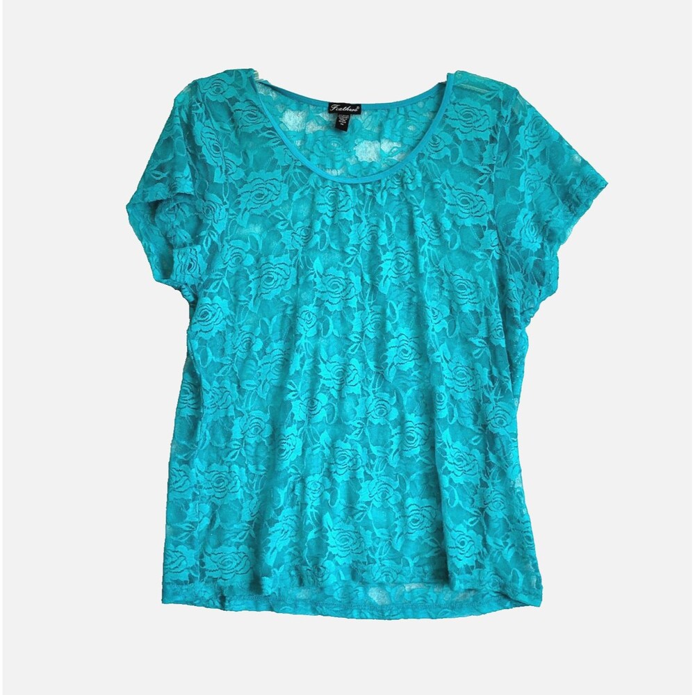 Feathers Sheer Lace Top Green Roses Stretch Top Short Sleeve Festival Feminine